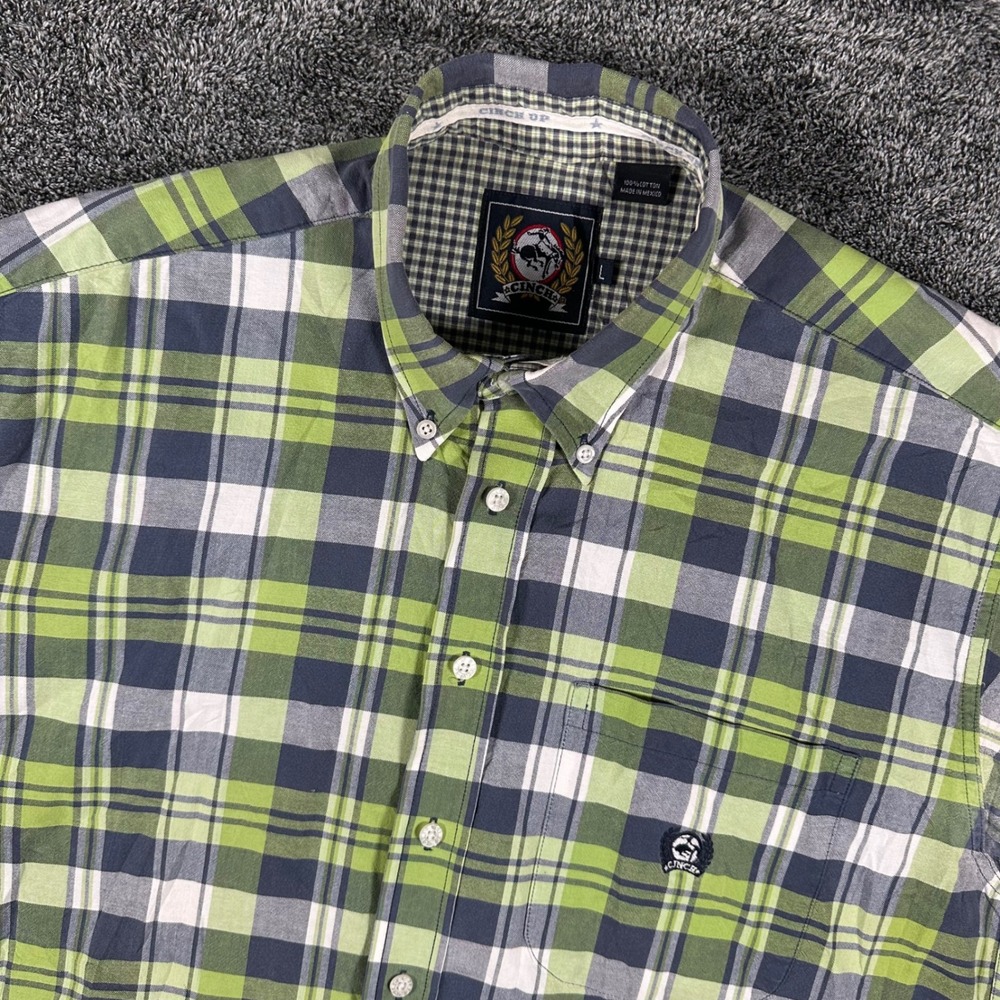 Cinch Western Shirt Mens Large Green Blue White Plaid Short Sleeve Button Down